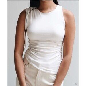 Geel Rudy Asymmetrical Ruched Tie Tank Top in Cream Size Large